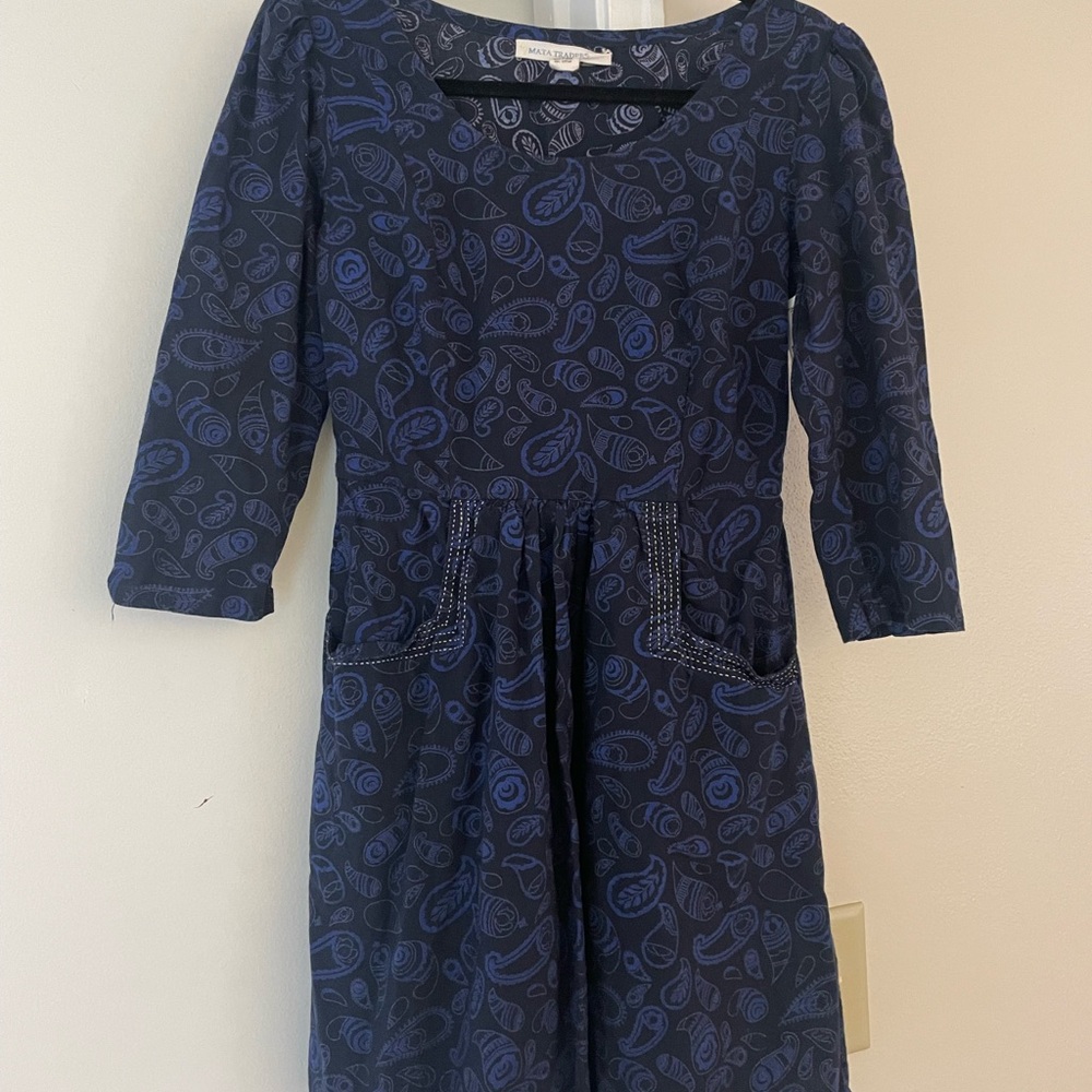Mata Traders Navy Paisley Long Sleeve Dress